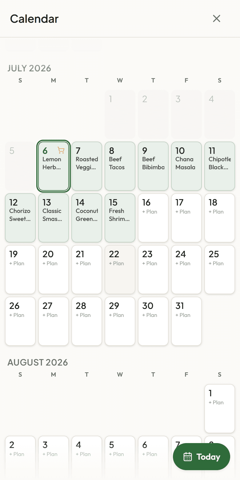 The month calendar: a week and a half of July days filled with planned dinners like Beef Tacos and Chana Masala