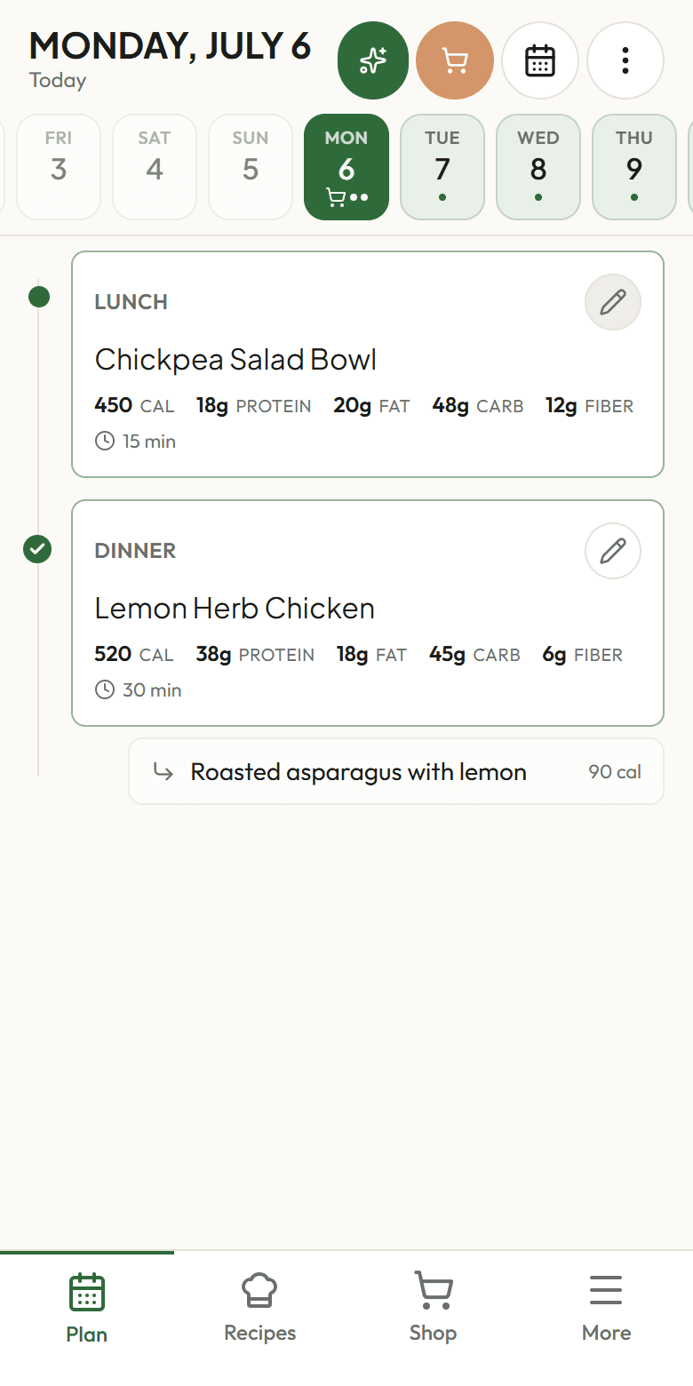 The month calendar: a week and a half of July days filled with planned dinners like Beef Tacos and Chana Masala