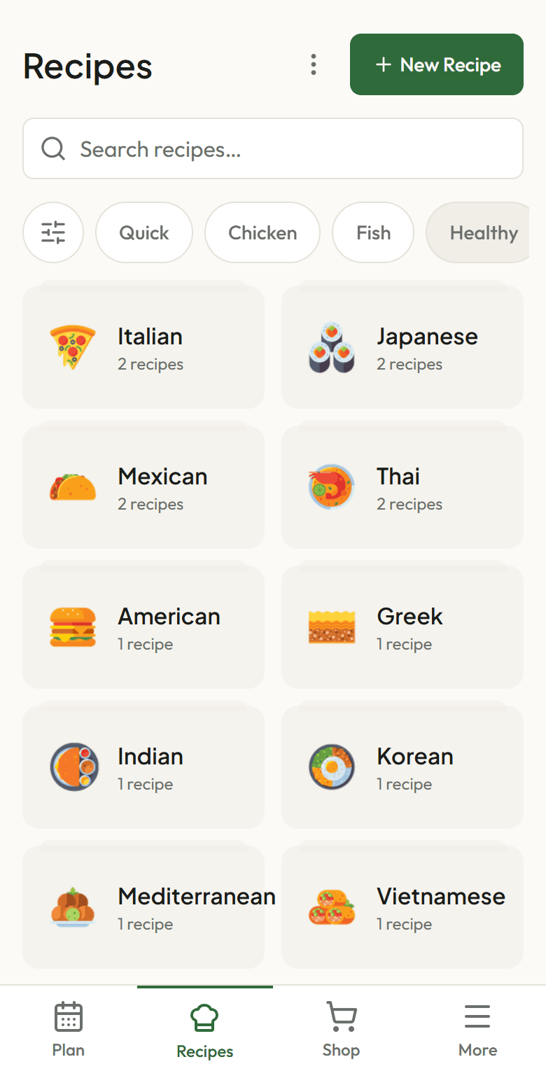 The recipe library screen: cuisine folders like Italian, Japanese, Mexican, and Thai with recipe counts